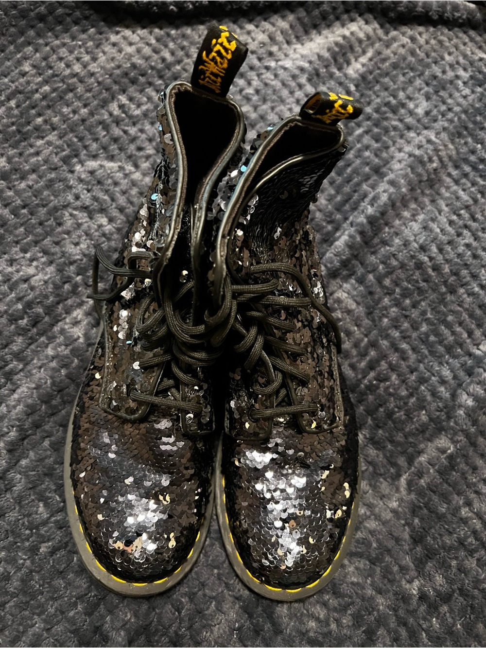 Dr. Martens Black Sequin Combat Boots with Yellow Trim
